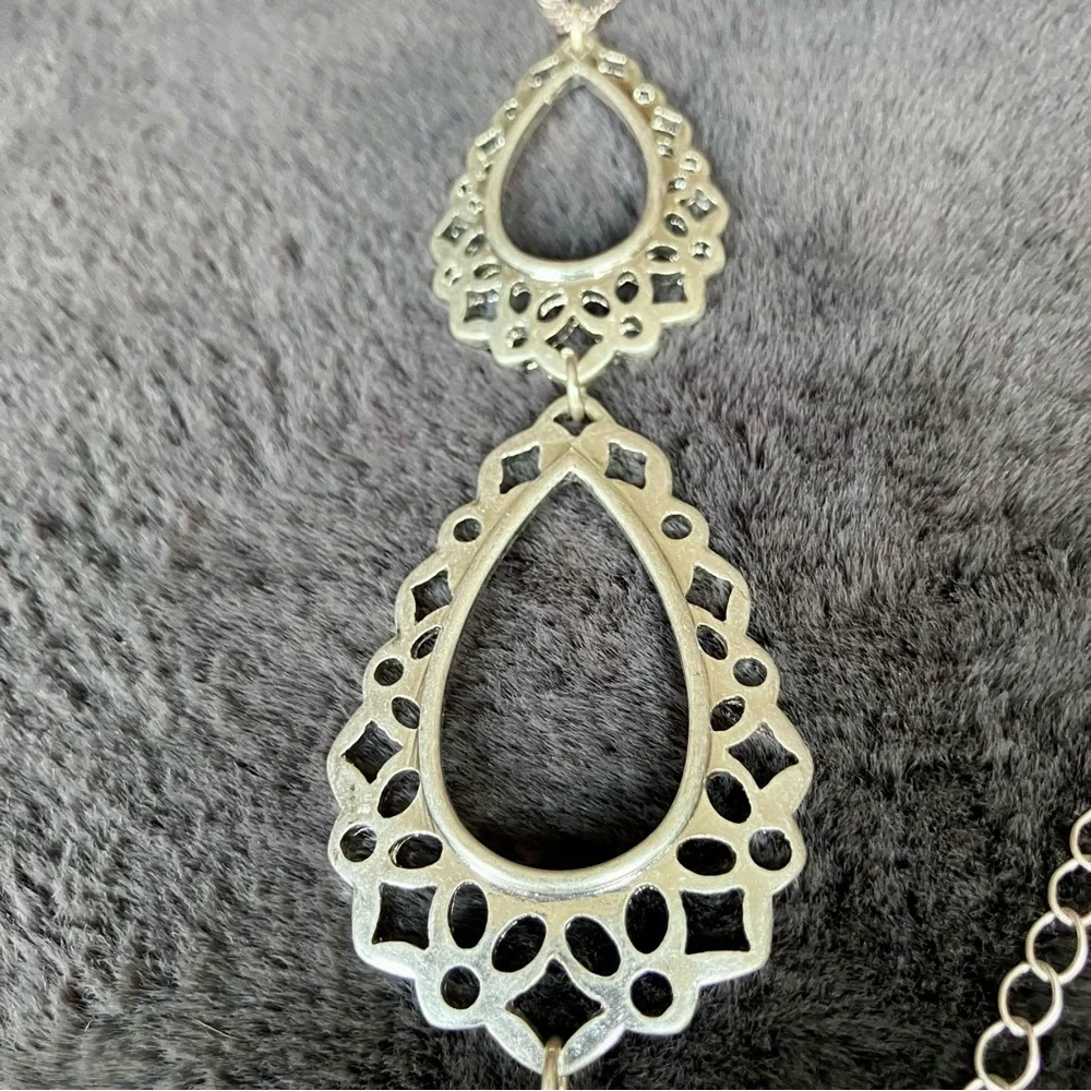Silver Teardrop Filigree Tassel Pendant Long Chain Necklace‎